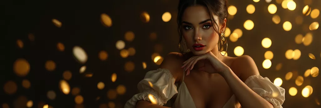 Stylish woman in golden casino ambiance inspired by Sol Casino